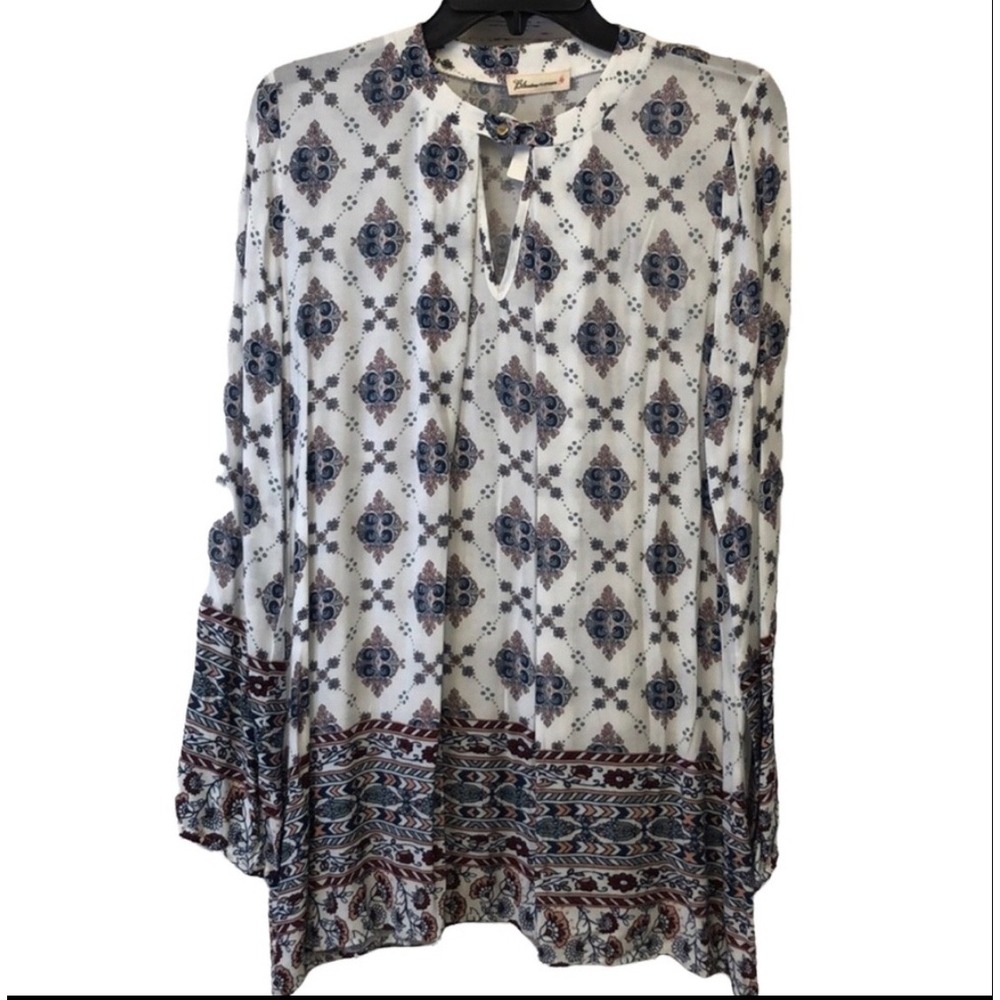 Blossom Clothing Womens White Blue Red Diamond Boho Tunic Top Long Sleeve size S